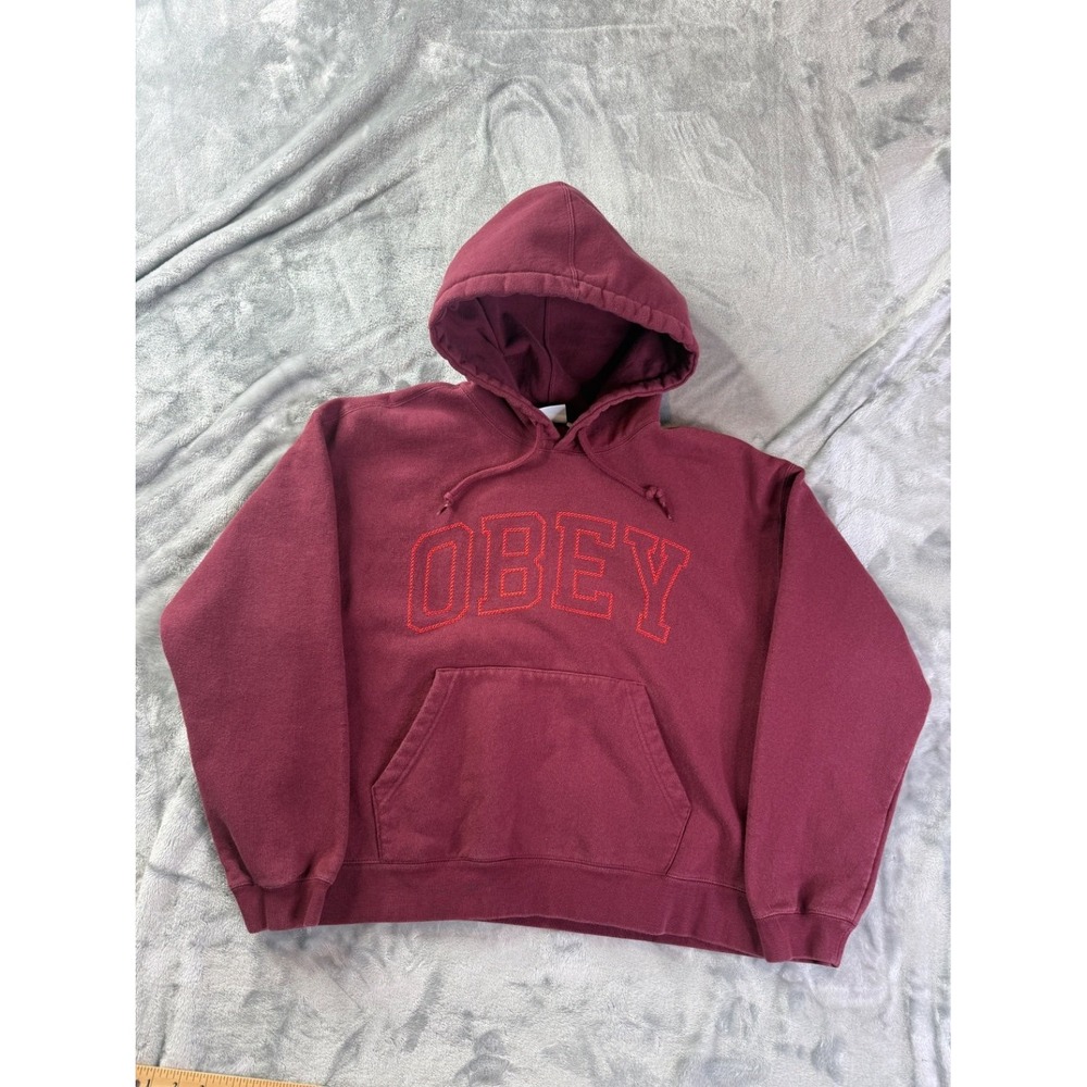 Obey Hoodie Mens M Burgundy Long Sleeve Hooded Graphic Print